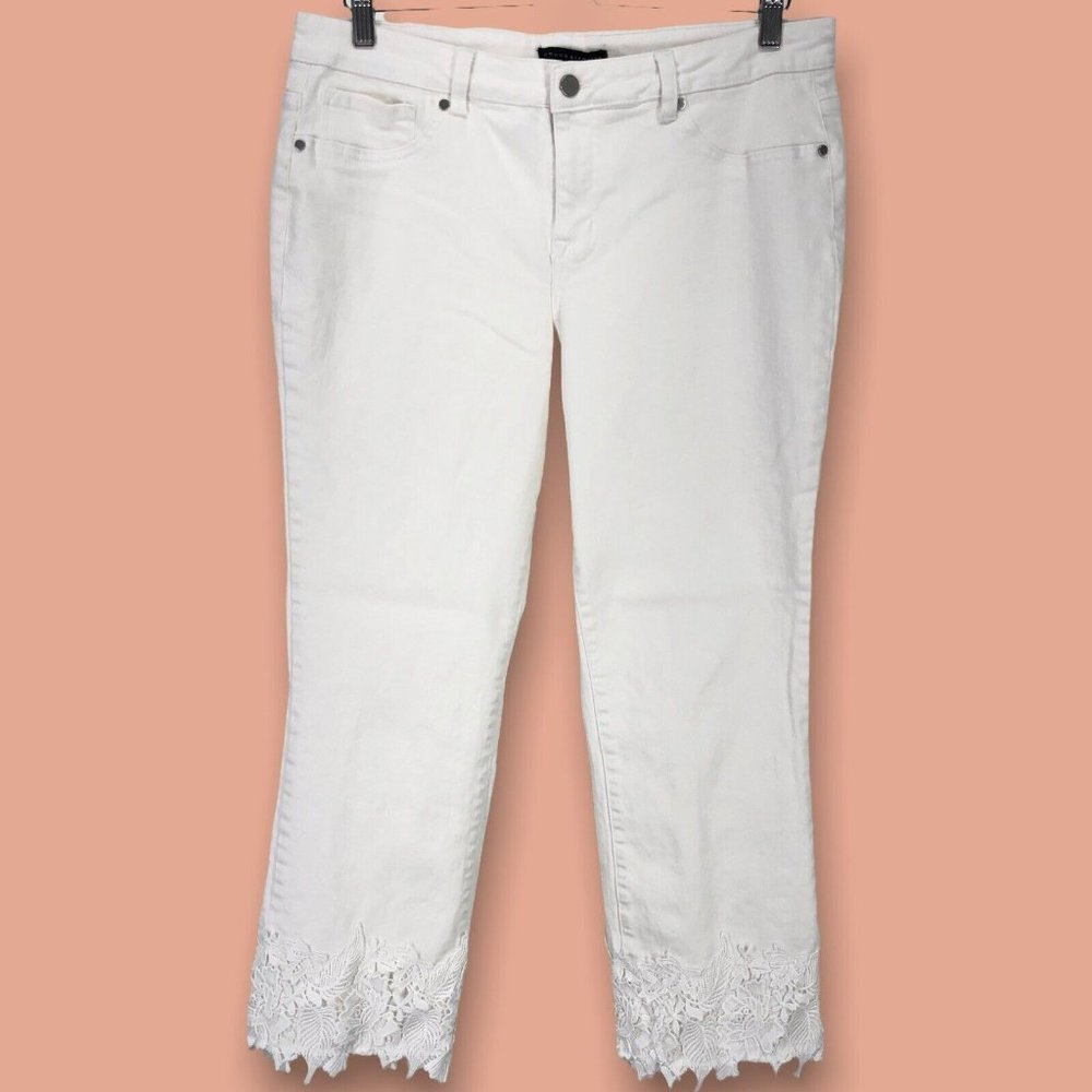 Grace Elements Womens 14 Jeans Crochet Lace Straight Leg Solid White 34 x 26